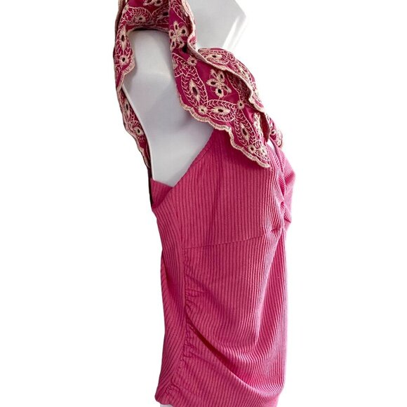 Bunulu Pink Ribbed Textured Top with Detailed Short Sleeves Women's Small - Picture 8 of 11